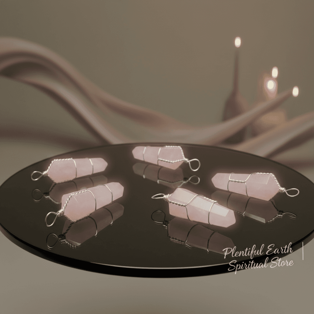 Wire Wrapped Rose Quartz Point Pendants, Set of 5, detail view