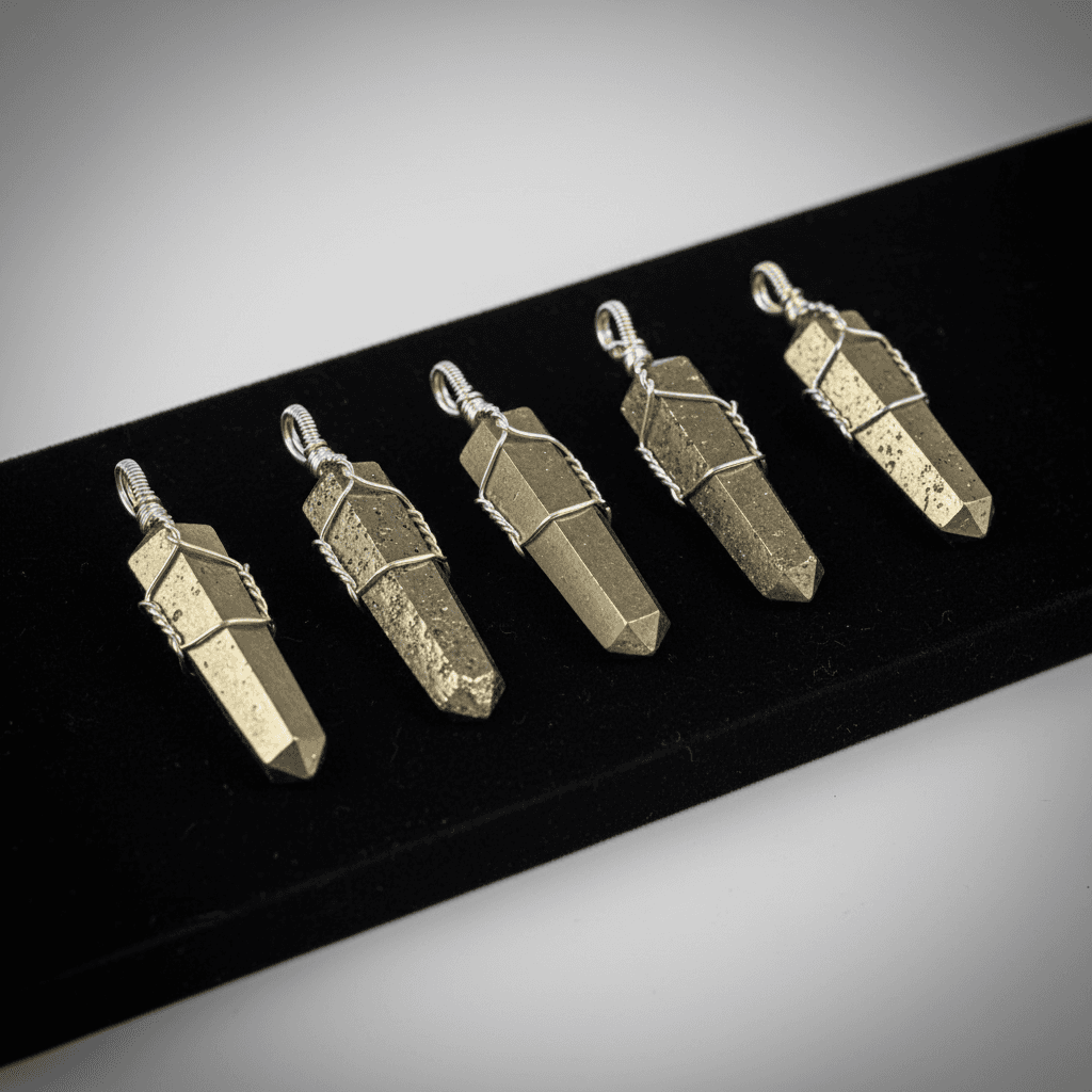 Wire Wrapped Pyrite Point Pendants, Set of 5, alternate view