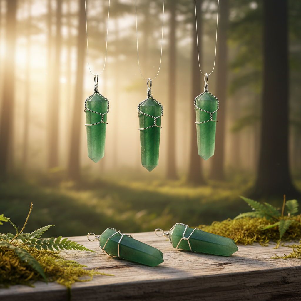 Design a mystical, lifestyle-inspired image featuring the set of five Green Aventurine pendants displayed elegantly against a softly blurred natural outdoor setting, such as a garden or serene forest clearing at dawn. Use a wide-angle lens with a 35mm foca