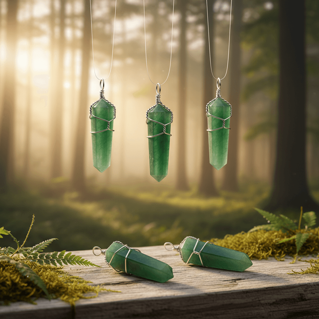 Wire Wrapped Green Aventurine Point Pendant, Set of 5, 1 3/8", detail view