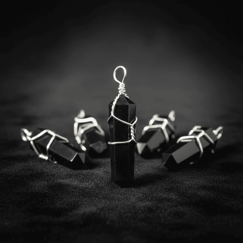 Wire Wrapped Black Obsidian Pendant, Set of 5, alternate view