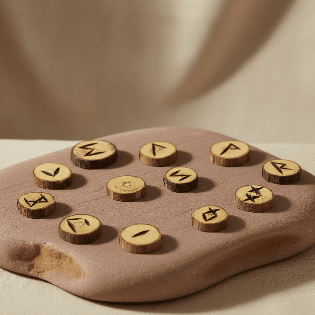 Depict a single, high-resolution image of the wooden rune set arranged in a natural, semi-circle on a polished sandstone surface, rendered with studio-quality lighting that emphasizes the warm, rustic tones of burnt poplar wood. Use a wide-angle lens with
