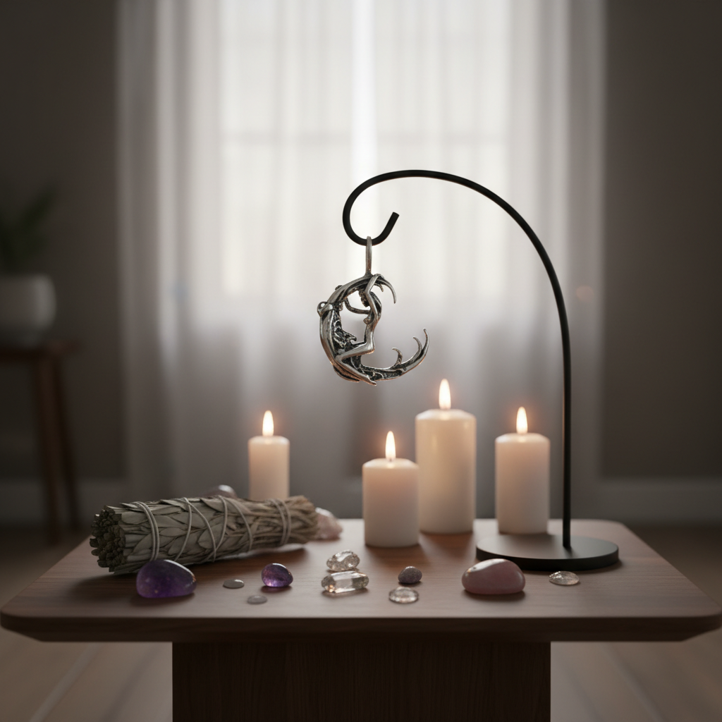 An evocative lifestyle scene featuring the Woman Facing Moon pendant hanging from a sleek, minimalist display on an altar table in a serene meditation space. The scene is softly lit with HDR studio lighting, warm and inviting, casting gentle shadows that d
