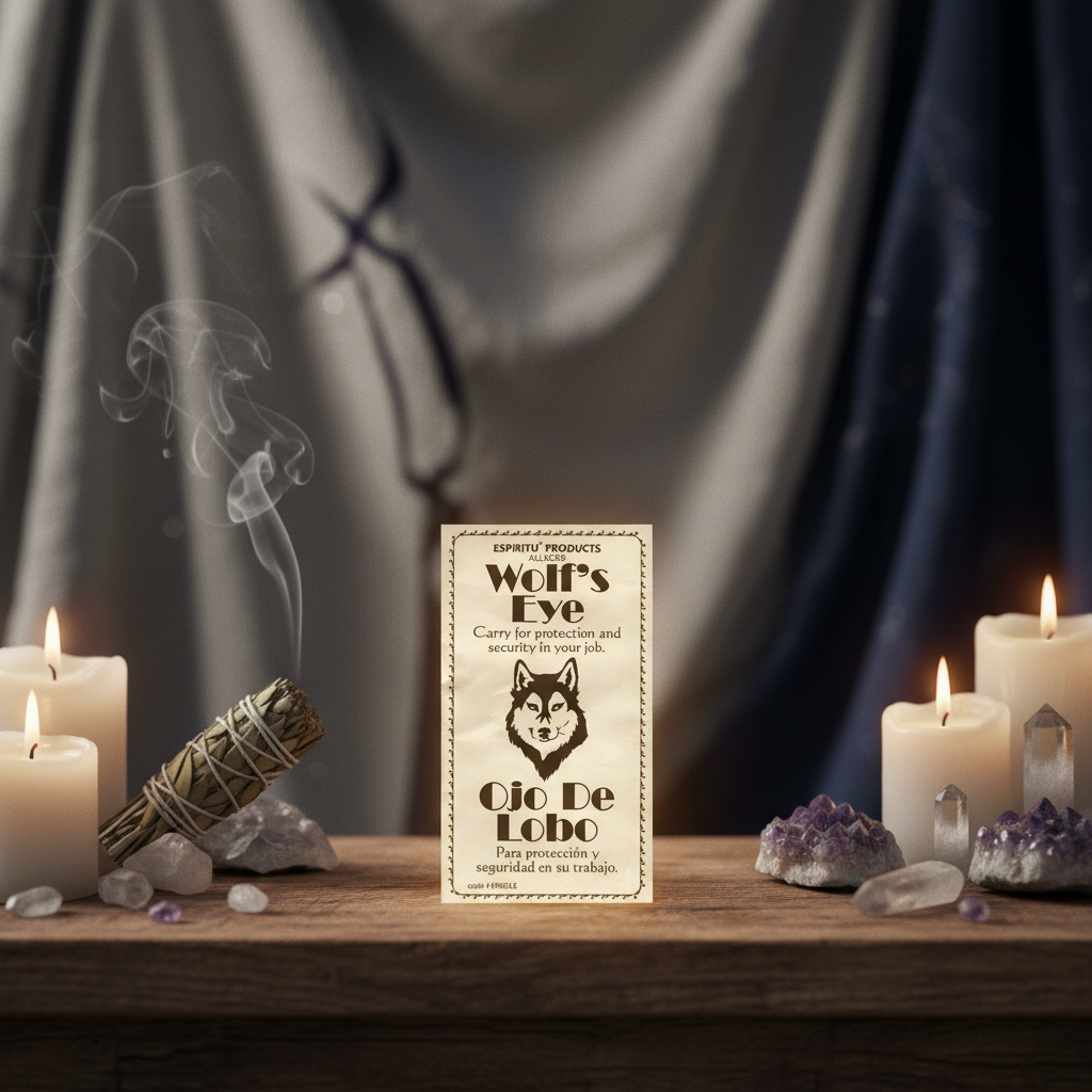 A cinematic, lifestyle scene depicting the 'Wolf's Eye' placed on a wooden altar amidst ritual tools—white candles, sage, and crystals—illuminated softly by warm, flickering candlelight. The scene is shot at an eye-level angle with a 50mm focal length, cre