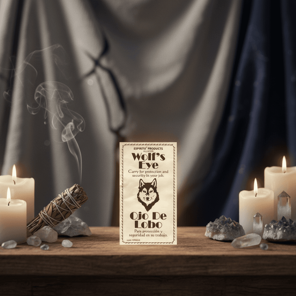 A cinematic, lifestyle scene depicting the 'Wolf's Eye' placed on a wooden altar amidst ritual tools—white candles, sage, and crystals—illuminated softly by warm, flickering candlelight. The scene is shot at an eye-level angle with a 50mm focal length, cre