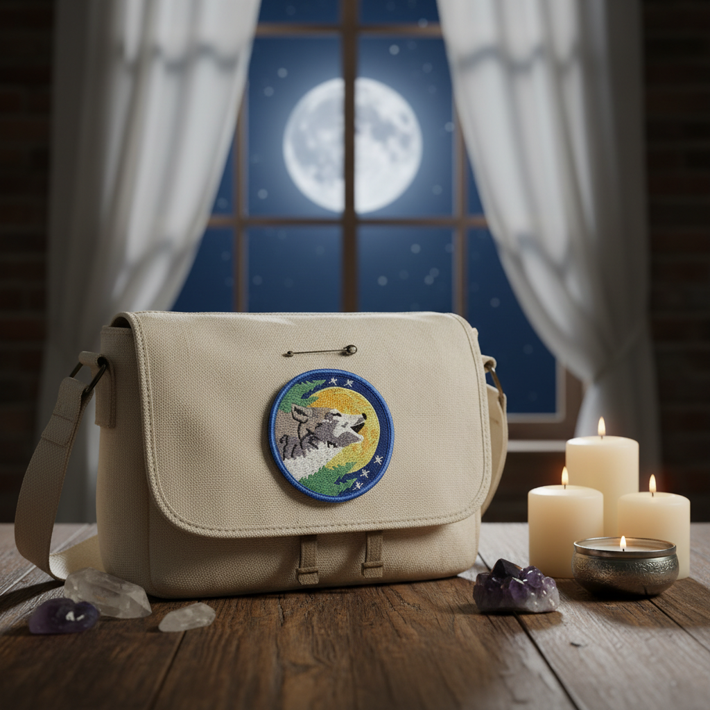 Create a vibrant lifestyle setting featuring the wolf sew-on patch pinned to a rustic, bohemian-style canvas bag on a wooden table. Ambient lighting is provided by HDR studio lights with a warm daylight tone to evoke a cozy, spiritual ambiance. Capture the