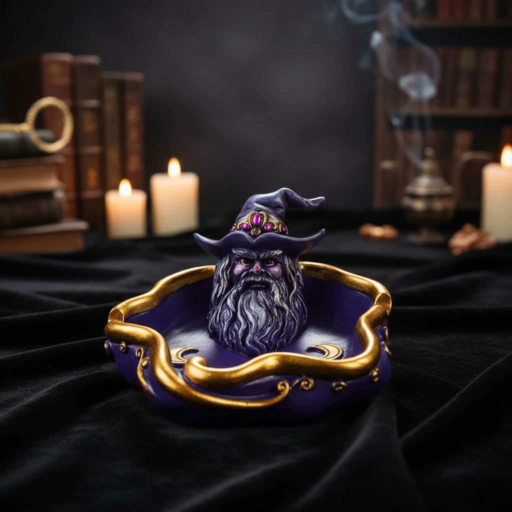 Create a high-resolution, cinematic studio shot of a mystical wizard ashtray, positioned centrally on a dark velvet cloth backdrop with subtle ambient lighting highlighting the shadows and contours of the object. Capture it with a macro lens at 85mm focal