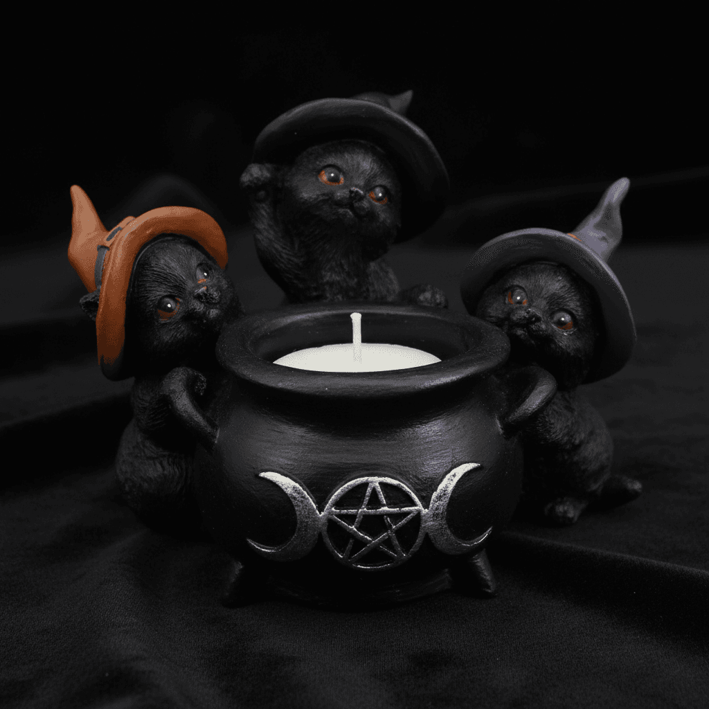 Witchy Cats Around Cauldron Tealight Holder, detail view