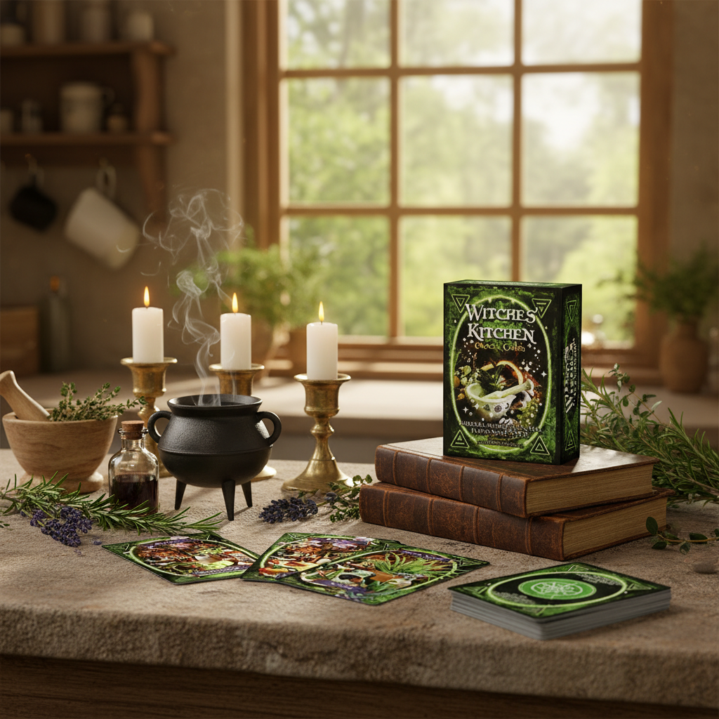 Generate a high-detail, atmospheric lifestyle scene inside a cozy, rustic kitchen bathed in warm morning light. Show a witch-inspired setup with the 'Witches' Kitchen oracle' deck spread partially across a stone countertop, alongside a vintage guidebook, f