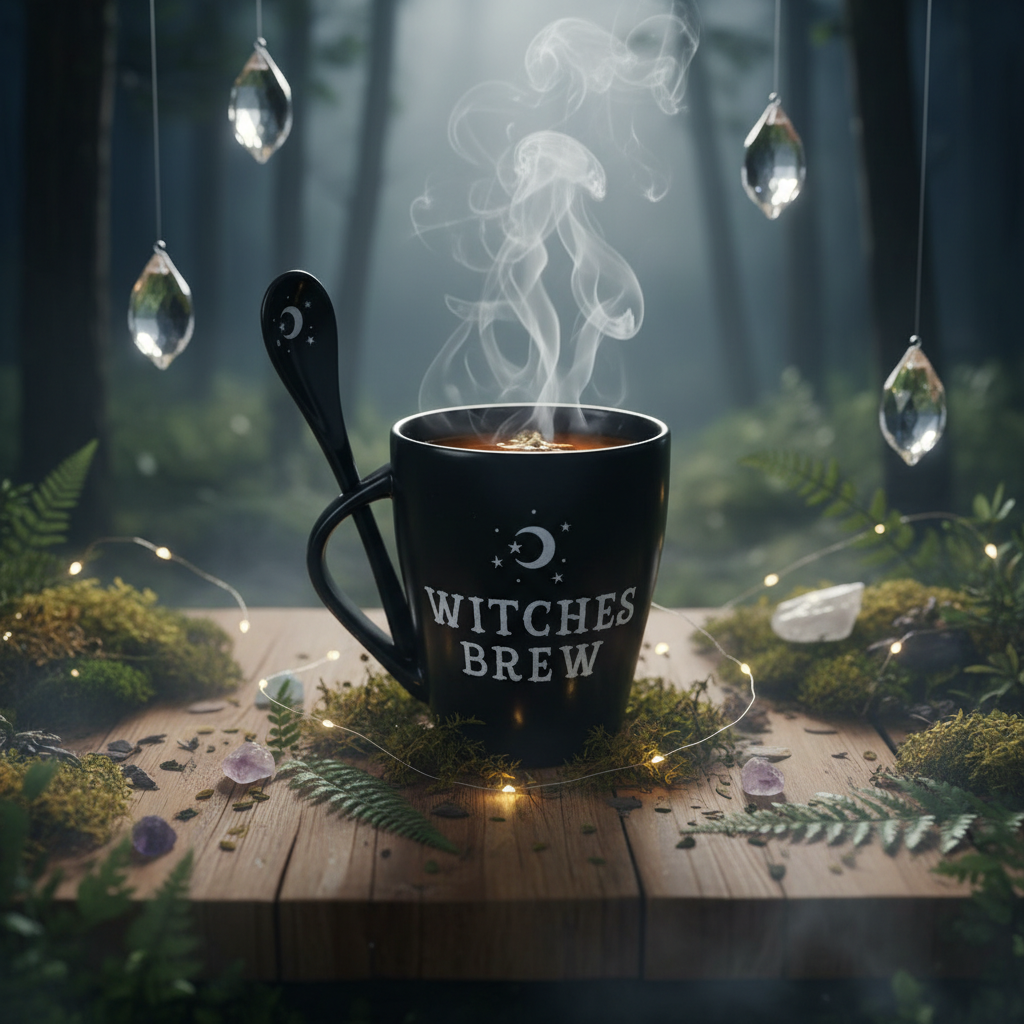 Design a cozy, enchanted ritual setting in a softly lit, outdoor environment during twilight. Position the Witches Brew Mug and Spoon Set on a natural wooden table, surrounded by enchanted forest elements like moss, twinkling fairy lights, and hanging crys