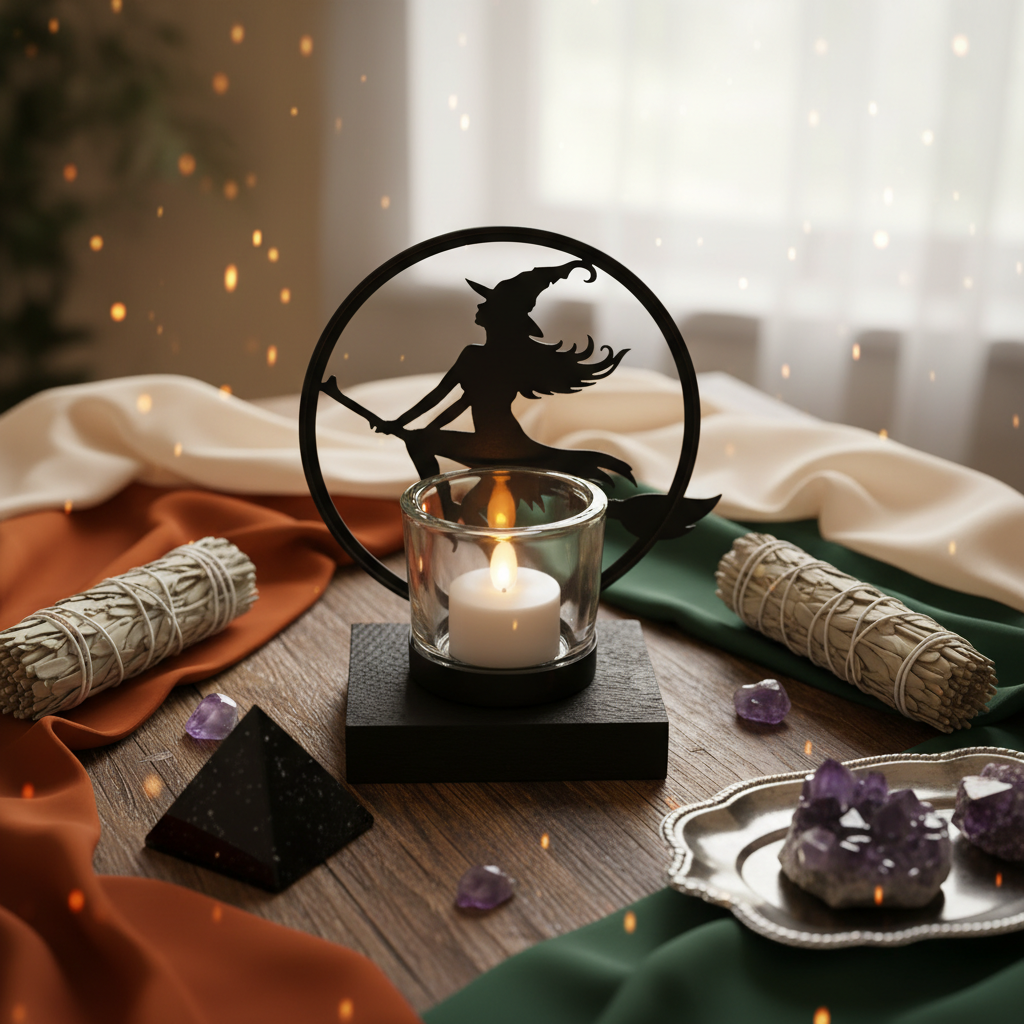 Create a vivid lifestyle scene showcasing the 'Witch by Moonlight Tealight Holder' in a cozy, sacred ritual space. The holder is placed on a rustic wooden altar, illuminated by an HDR studio light that enhances its whimsical details. Surround it with eleme