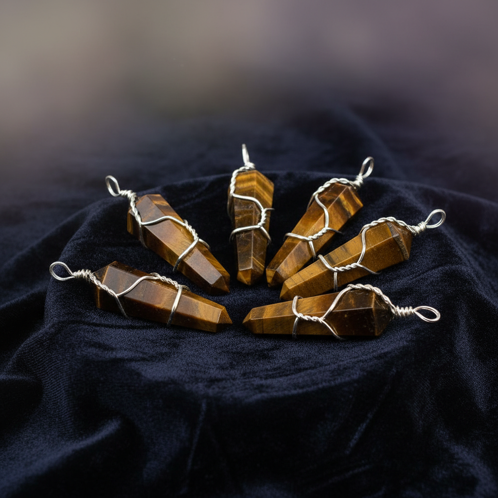 Create a highly detailed studio product shot of a set of five wire-wrapped Tiger Eye crystal points, each approximately 1 3/8 inches long, arranged artistically on a textured dark velvet cloth, emphasized with softbox lighting to highlight the silky luster