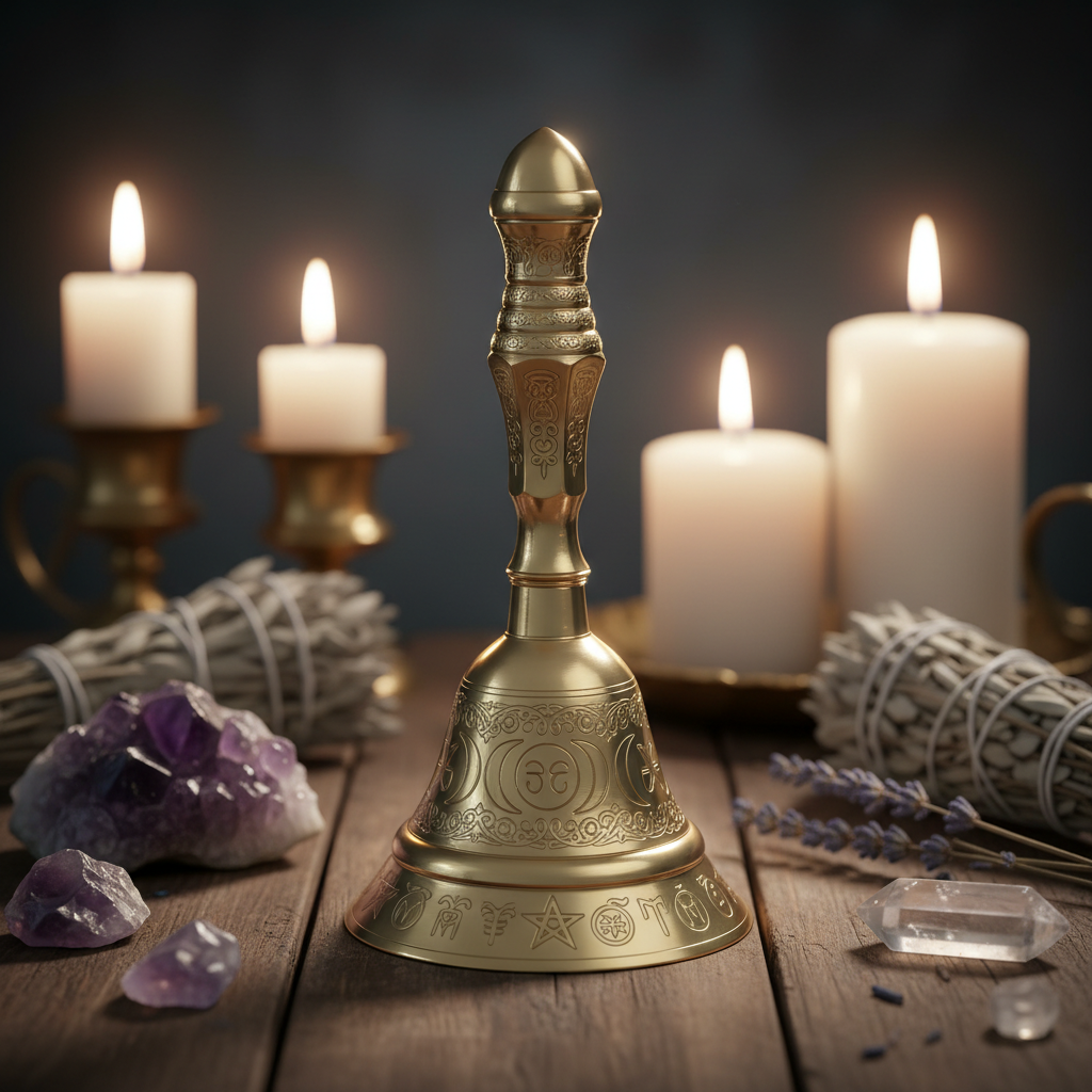 A highly detailed and cinematic studio shot of a Wiccan Altar Bell, measuring 5 feet in height, crafted from polished brass with intricate engraved symbols to emphasize its spiritual significance. The scene is lit with softbox lighting, creating a gentle,