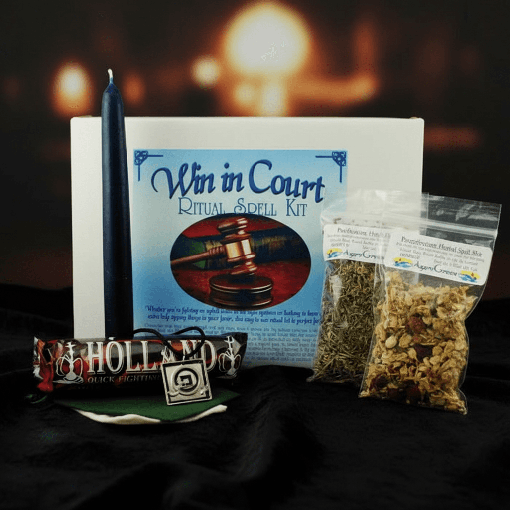 A highly detailed, cinematic studio shot of the 'Win In Court Boxed Ritual Kit' placed on a sleek, dark velvet surface under softbox lighting, emphasizing its intricate symbols and packaging. The camera angle is a close-up macro shot with a 100mm focal len