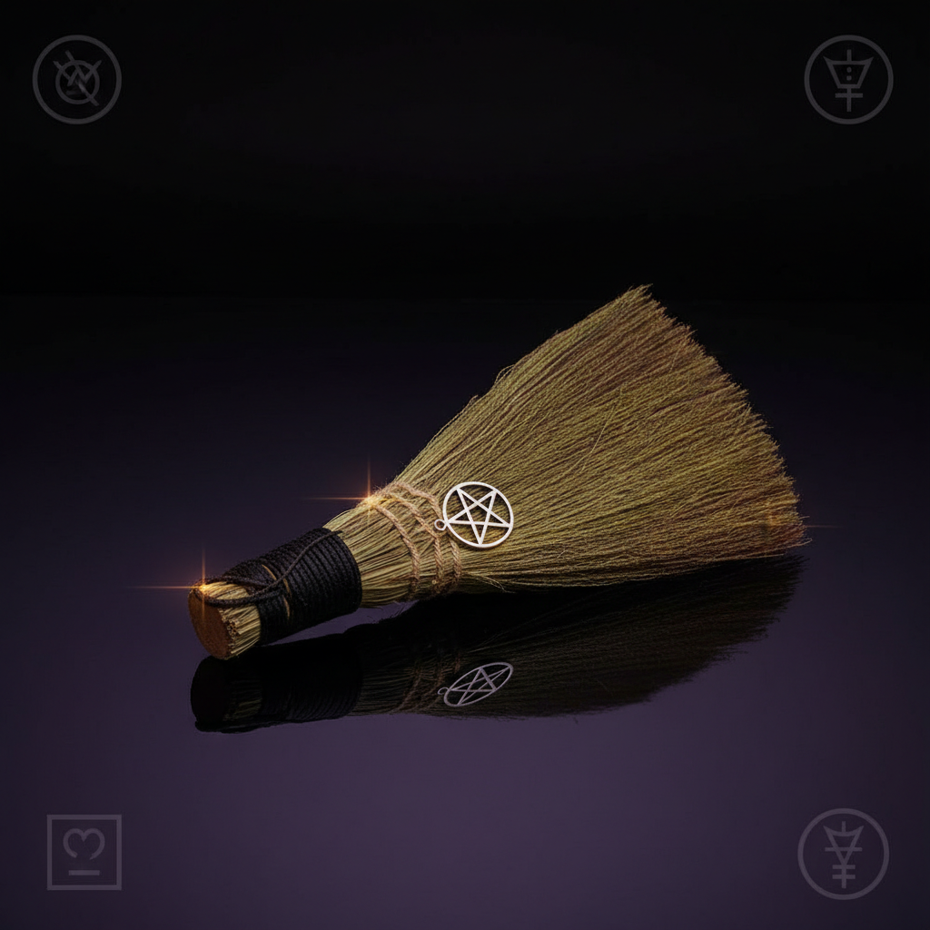 Visualize the Wicca Broom with Pentagram in a serene, spiritually charged environment, captured in a high-end lifestyle shoot that emphasizes its ritual significance. Set against a minimalist, softly illuminated studio backdrop with a subtle gradient from