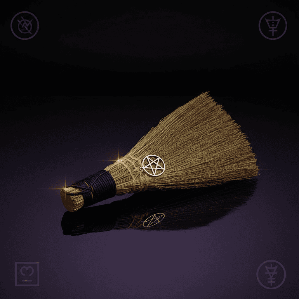 Visualize the Wicca Broom with Pentagram in a serene, spiritually charged environment, captured in a high-end lifestyle shoot that emphasizes its ritual significance. Set against a minimalist, softly illuminated studio backdrop with a subtle gradient from