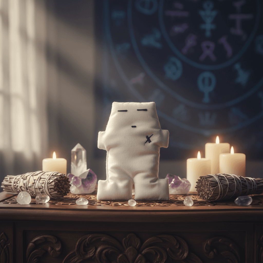 Craft a cinematic, lifestyle scene with the white voodoo doll placed on an ornate wooden altar adorned with crystals, candles, and sage bundles in a softly lit, mystical indoor environment. Use a 35mm lens for a natural, slightly wide perspective, with HDR