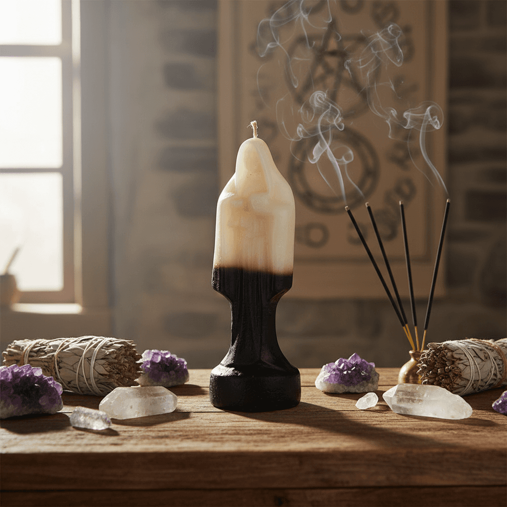 A cinematic lifestyle setting depicting the Holy Death Candle placed on an altar or ritual table, surrounded by mystical elements such as sage bundles, crystals, and incense. The scene uses diffused daylight balanced with rim lighting to create a warm, inv