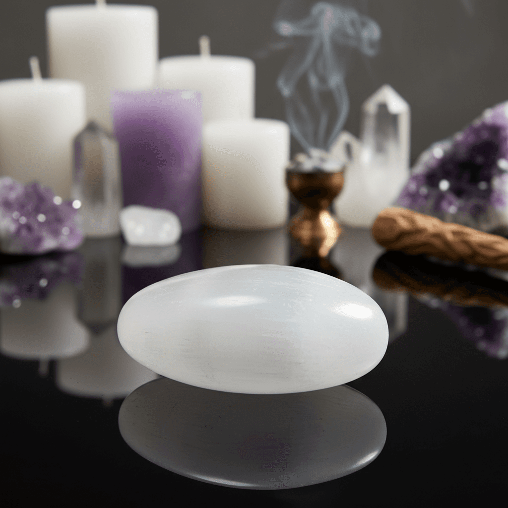 A highly detailed, studio-quality image of a 2-foot white selenite oval, captured with a macro lens at a close-up angle, emphasizing its smooth, polished surface and subtle natural striations, under softbox lighting that highlights its translucent qualitie