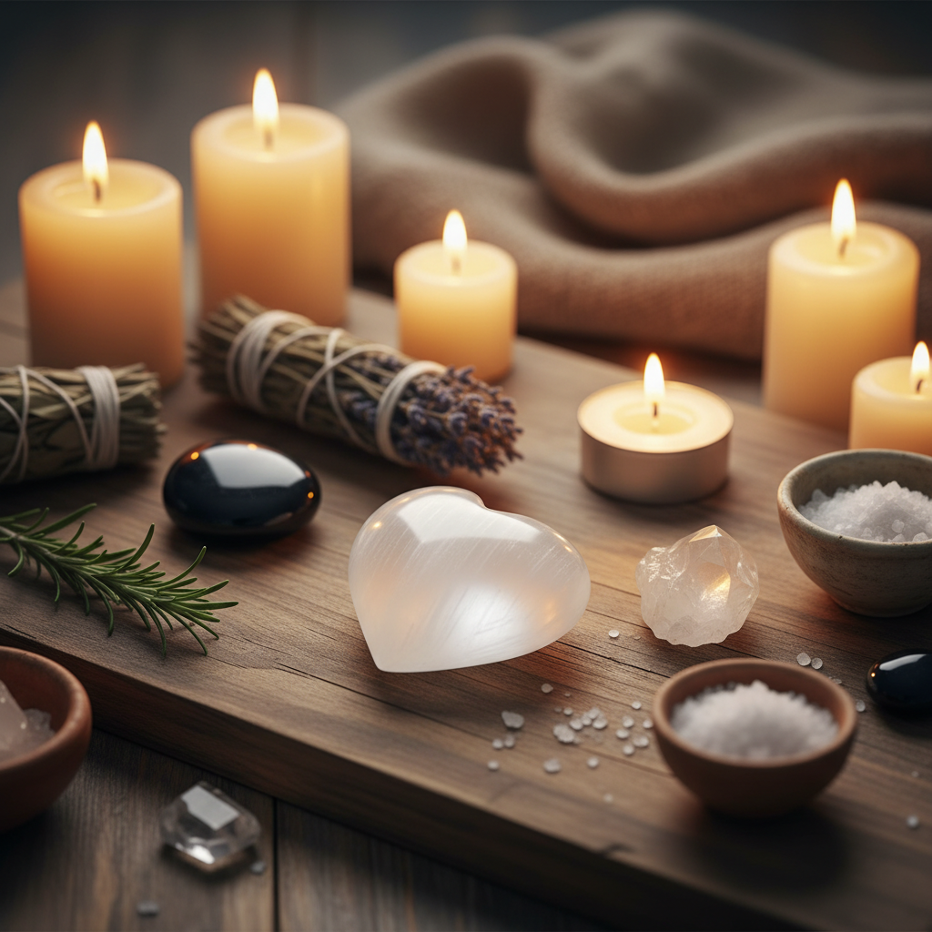 A beautifully styled lifestyle setting showcasing the white selenite heart stone, approximately 1 1/4' to 2' in size, placed on a rustic wooden altar surrounded by candles, dried herbs, and other spiritual artifacts under warm, ambient lighting. The scene