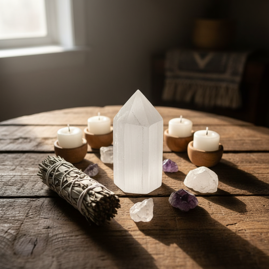 A cinematic lifestyle scene featuring the white selenite generator placed on a rustic wooden altar with natural elements like sage, crystals, and candles in soft, warm LED lighting. The camera captures an overhead shot with a 24mm wide-angle lens, focusing