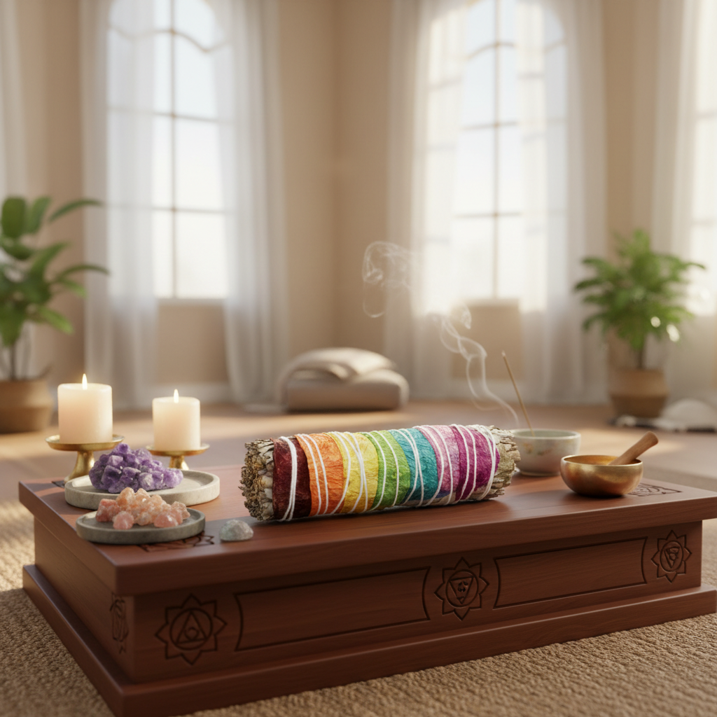 Generate a vivid lifestyle scene featuring a 4' White Sage 7 Chakra Stick displayed in a serene meditation space. The sage is resting horizontally on a smooth, wooden altar with subtle decorative accents, bathed in warm, diffused daylight from large, ambie