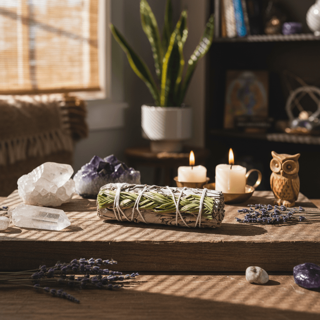 Construct a warm, inviting lifestyle setting with the 4-inch White Sage & Sweetgrass Smudge Stick resting against a rustic altar adorned with crystals, candles, and natural elements. Natural sunlight streams through a textured window blind, casting gentle