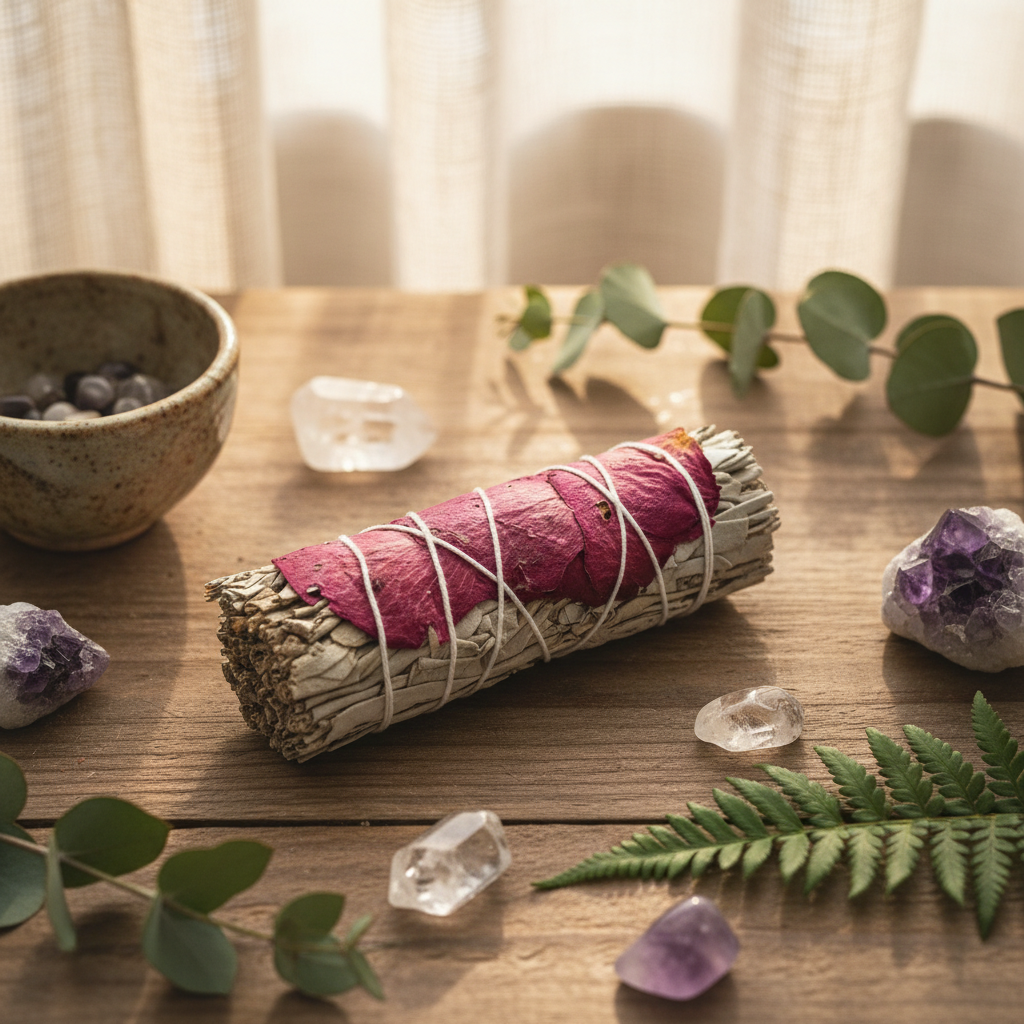 Prompt 2: A beautifully styled, lifestyle-oriented scene featuring the White Sage & Rose Petal Smudge Stick lying diagonally on a rustic wooden altar or meditation table. The background is softly illuminated with natural sunlight streaming through sheer li