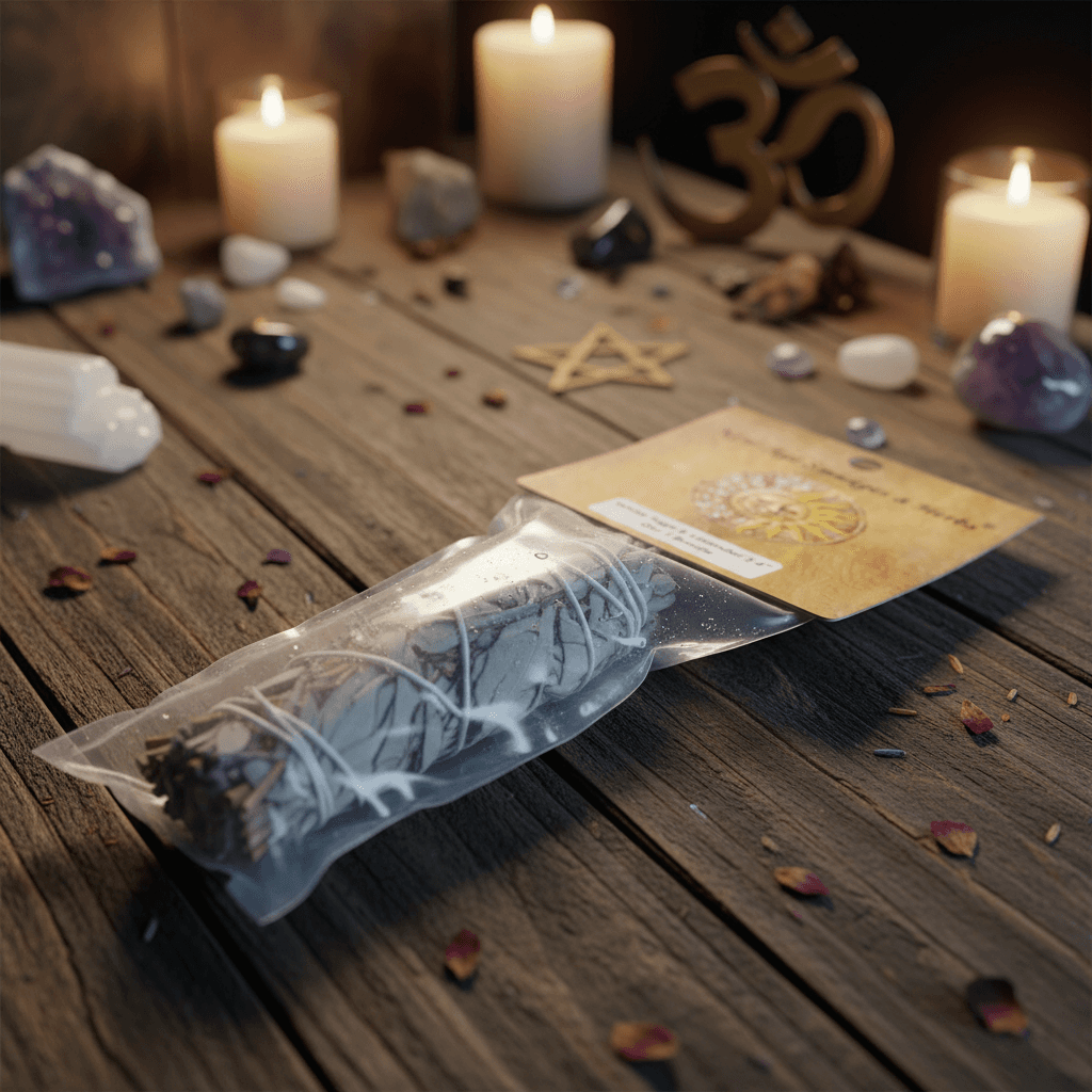 A close-up, cinematic shot of the 4-foot White Sage & Lavender Smudge Stick laid diagonally across a rustic wooden altar, illuminated by HDR studio lighting to accentuate texture and natural detail. The macro lens captures the fibrous intricacies of white