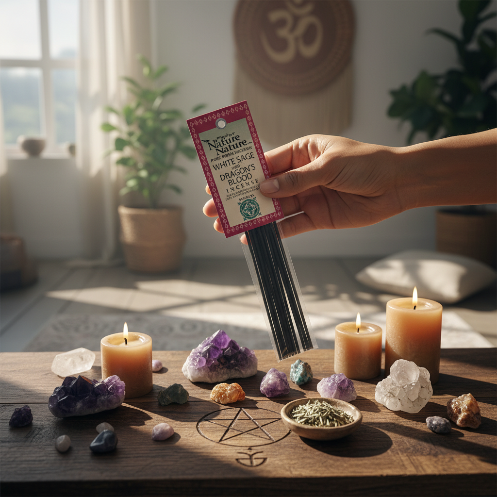 Design an artistic, lifestyle scene featuring the White Sage & Dragon's Blood incense sticks as the centerpiece, held in a hand over a ritual altar decorated with crystals, candles, and sacred symbols. The scene is set in a softly lit meditation space bath