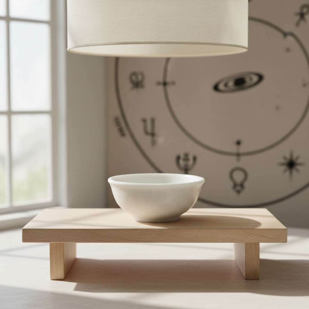 Create a highly detailed studio shot of a 4-inch white marble scrying bowl positioned at the center of a softly illuminated, minimalist ritual table. The scene features diffused daylight coming from a large window on one side, creating gentle highlights on