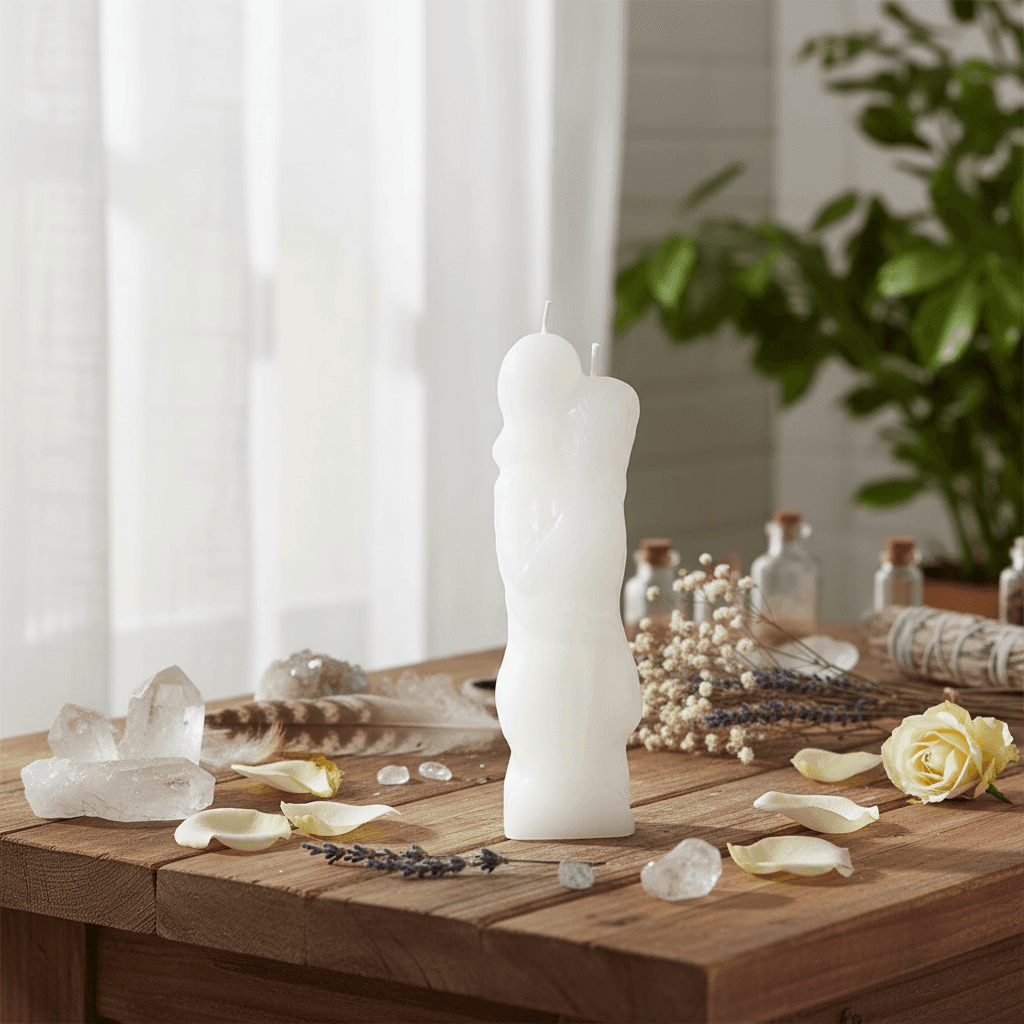 A atmospheric, lifestyle-inspired composition showing the White Lover Candle placed on a rustic wooden altar adorned with crystals, feathers, and floral elements, suggesting a spiritual ritual setting. The scene is lit with diffused daylight coming through