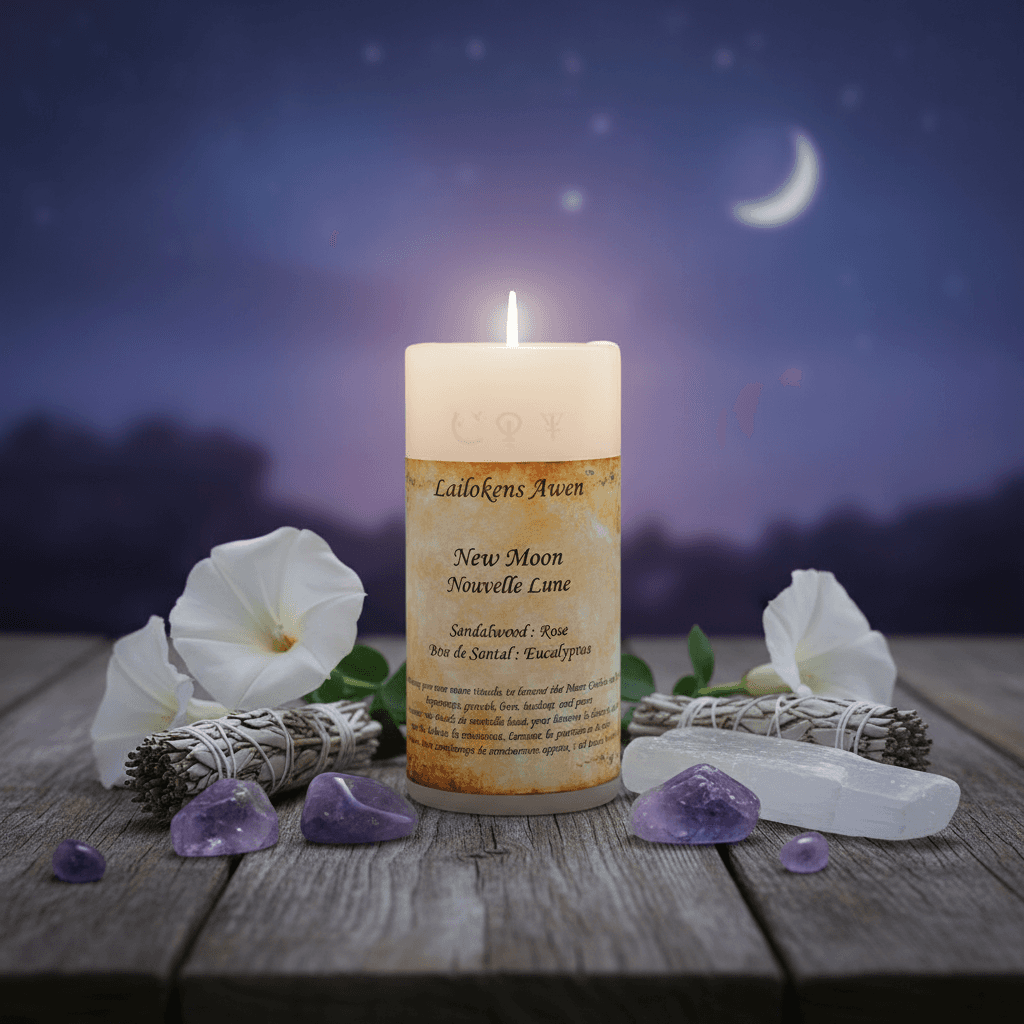New Moon Scented Lailokens Awen Candle, 4 inches, detail view