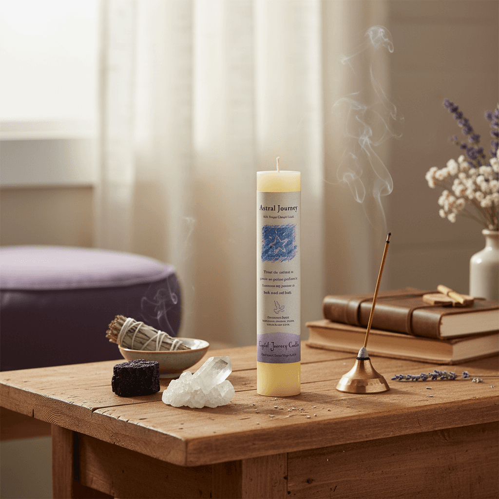 Astral Journey Reiki Charged Pillar Candle, detail view