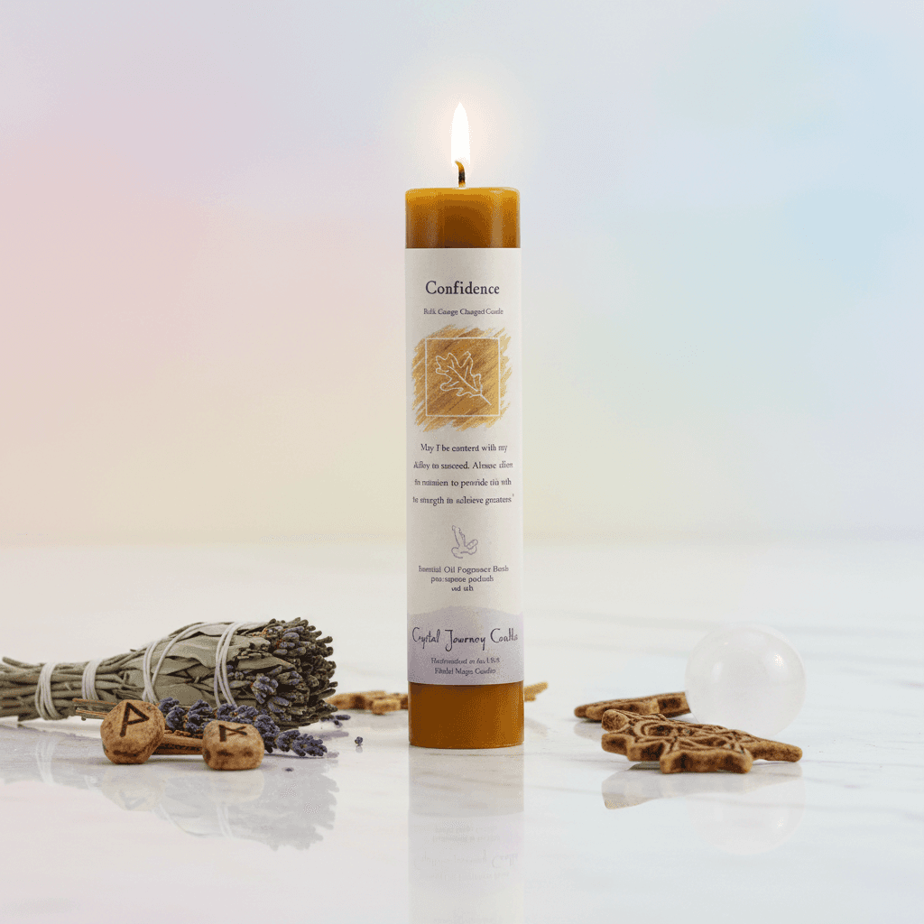 Confidence Reiki Charged pillar candle, detail view