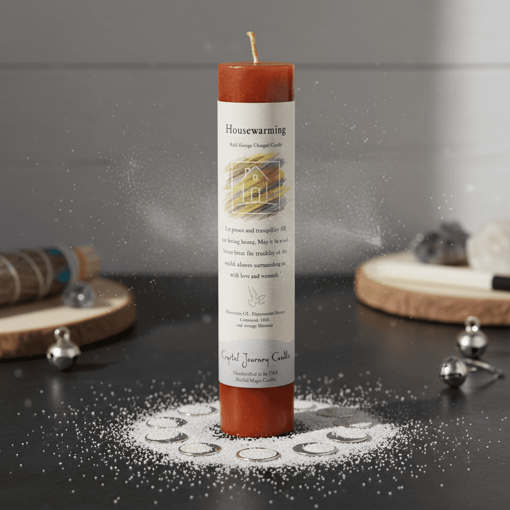 Housewarming Reiki Charged pillar candle, detail view