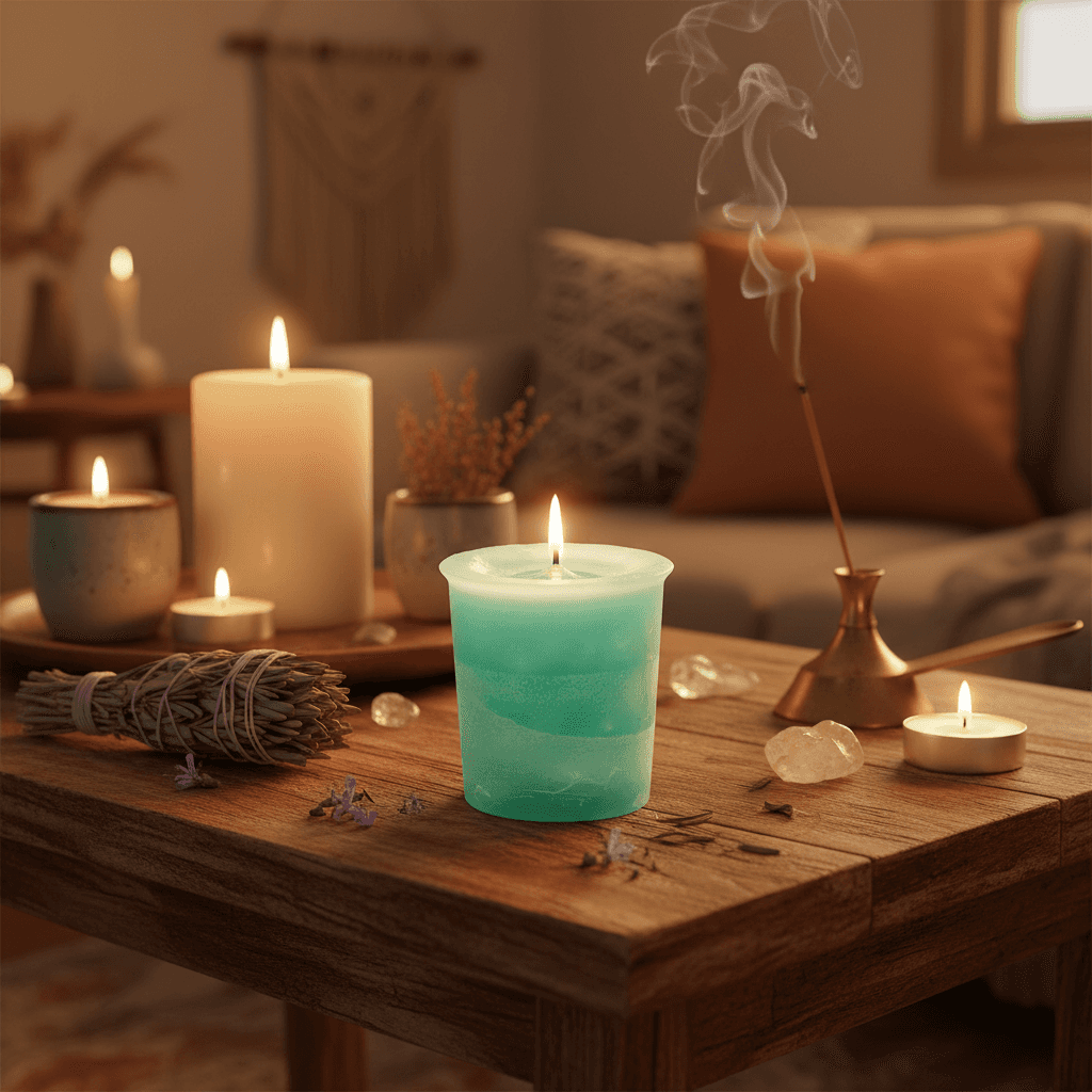 Set in a warm, inviting living space with a cozy, bohemian aesthetic, this detailed product shot features the Rosemary Votive Candle placed on a rustic wooden table, surrounded by softly lit candles, sage bundles, and ritual objects, creating an intimate r