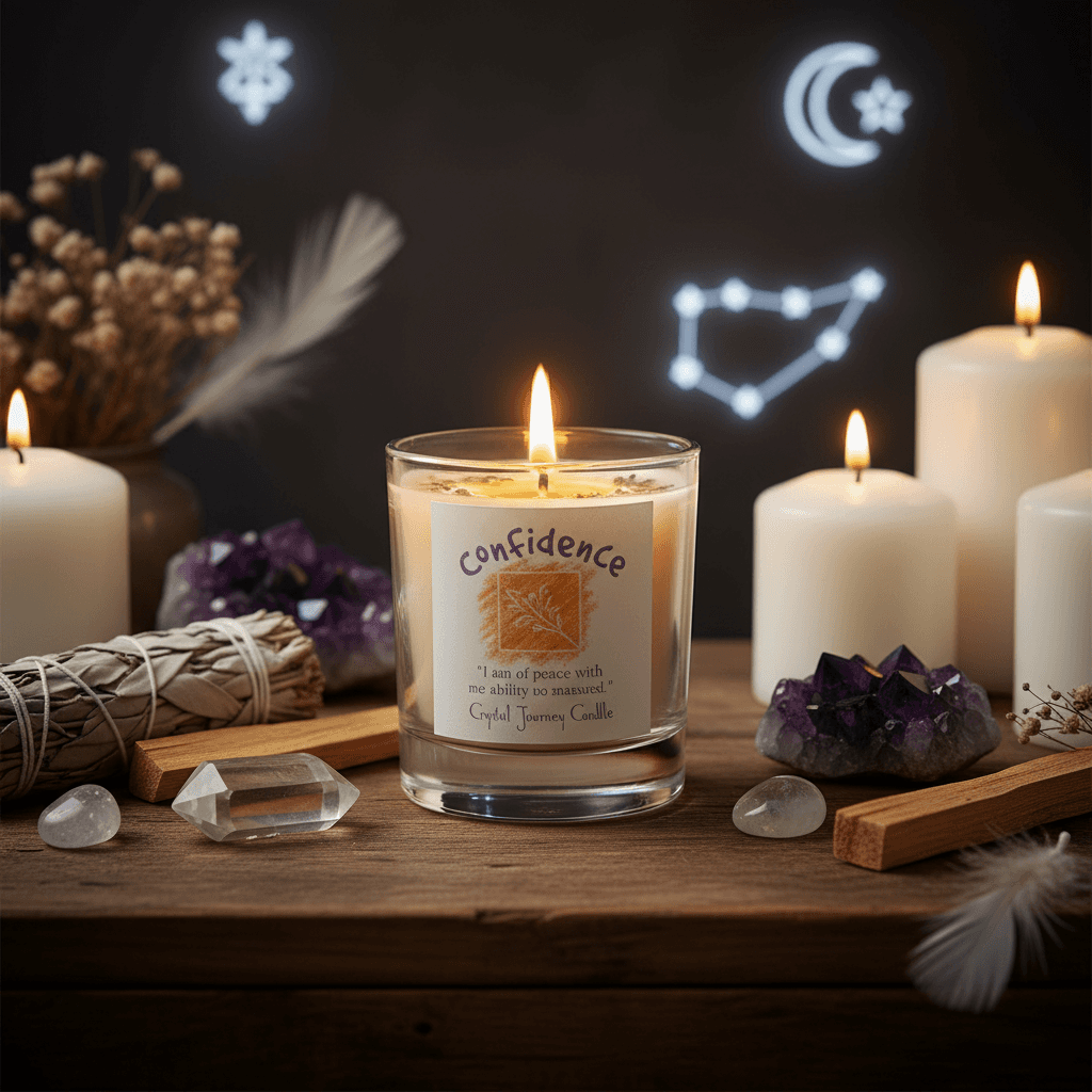 A serene, sacred space scene featuring the 'Confidence soy votive candle' placed on a natural wooden altar surrounded by crystals, sage, and moonlit candles, creating an atmosphere rich with spiritual intent. The candle is lit, casting a gentle, flickering
