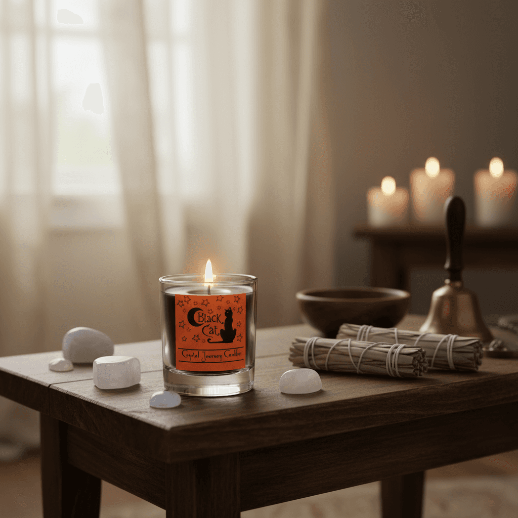 A mystical, lifestyle scene set in a cozy, softly lit meditation space featuring the Black Cat soy votive candle placed atop a rustic wooden altar decorated with moonstone crystals, sage bundles, and ritual objects. The candle holder’s smooth black ceramic