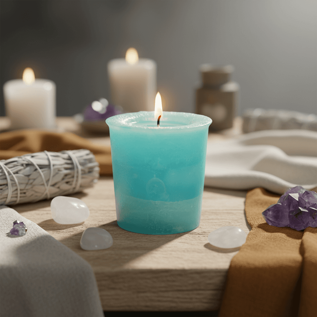 A cinematic composition of the Dreams Herbal Votive surrounded by natural elements in a serene, sacred space. The scene is captured with a wide-angle lens at a 35mm focal length, with a shallow depth of field to softly blur the ambient background—an altar