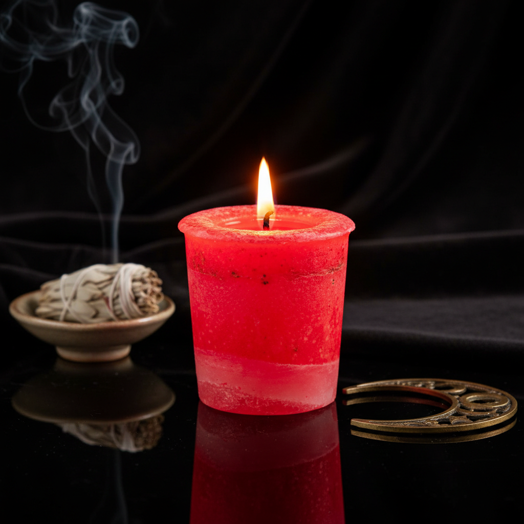 Capture a cinematic, high-resolution studio shot of the Seduction Herbal Votive candle, positioned prominently in the center against a sleek, dark velvet backdrop. Use softbox lighting to highlight its smooth, translucent wax surface and intricate herbal t