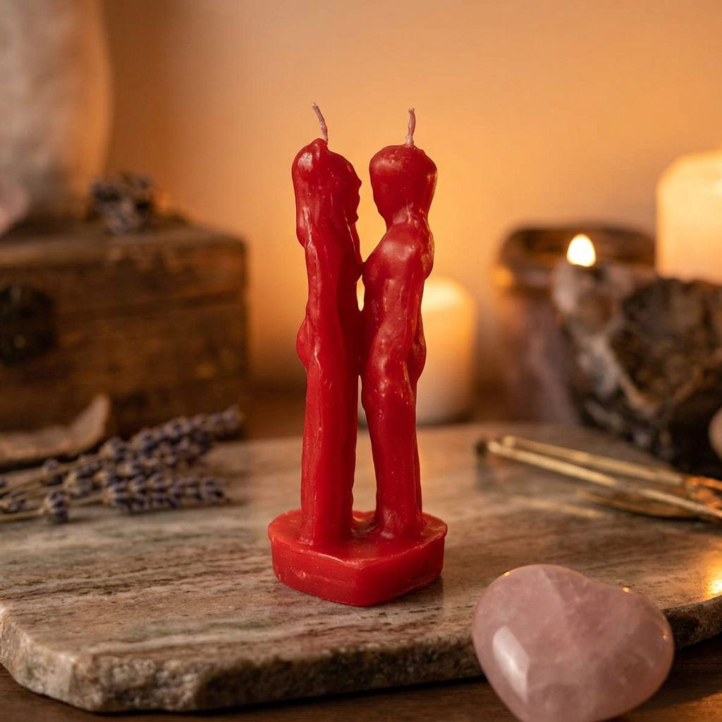 Full-body shot of 7-inch Red Lovers Candle on polished stone in cozy ritual room with warm lighting.