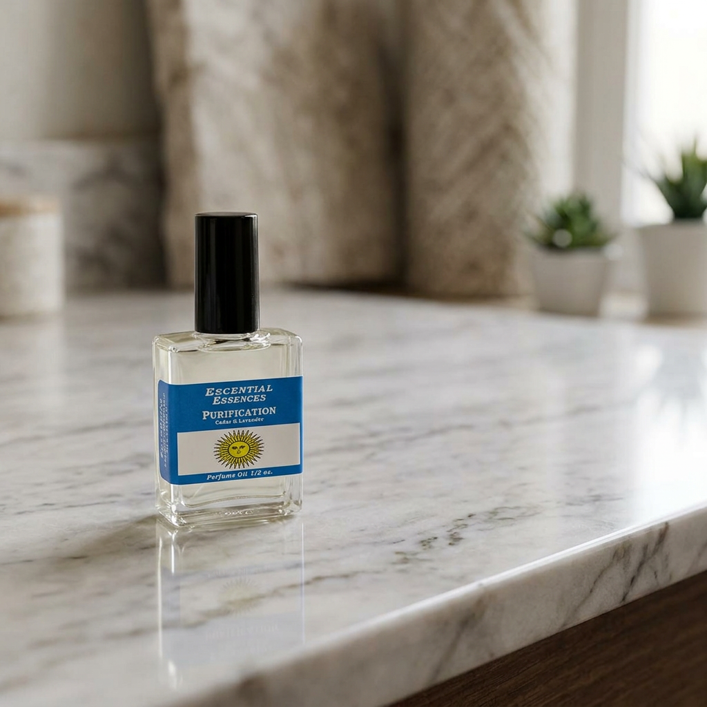 Full-body shot of Purification Perfume Oil bottle on polished marble countertop with natural indoor lighting and subtle greenery background.