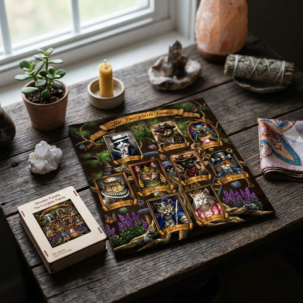Furry Tails Wood Puzzle placed on a meditation altar amidst natural elements, with soft daylight emphasizing its handcrafted details in a serene setting.
