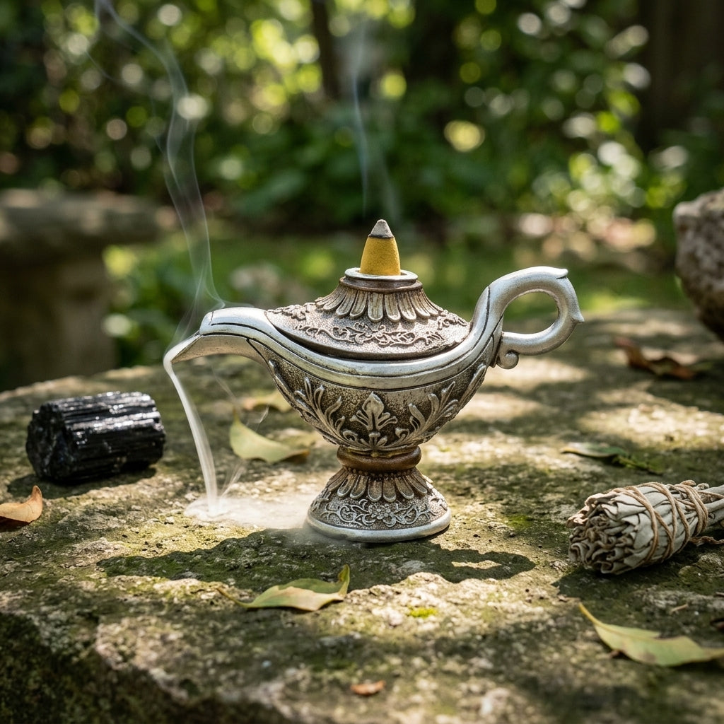 Full-body view of a magic genie lamp backflow burner placed on a stone altar in a peaceful outdoor setting with natural sunlight and flowing smoke.