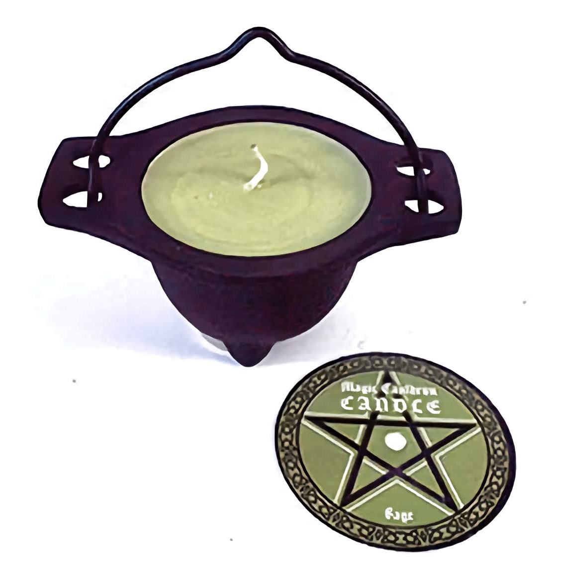 Sage Magic Cauldron Candle in reusable cast iron cauldron with green wax and pentagram lid for spiritual rituals
