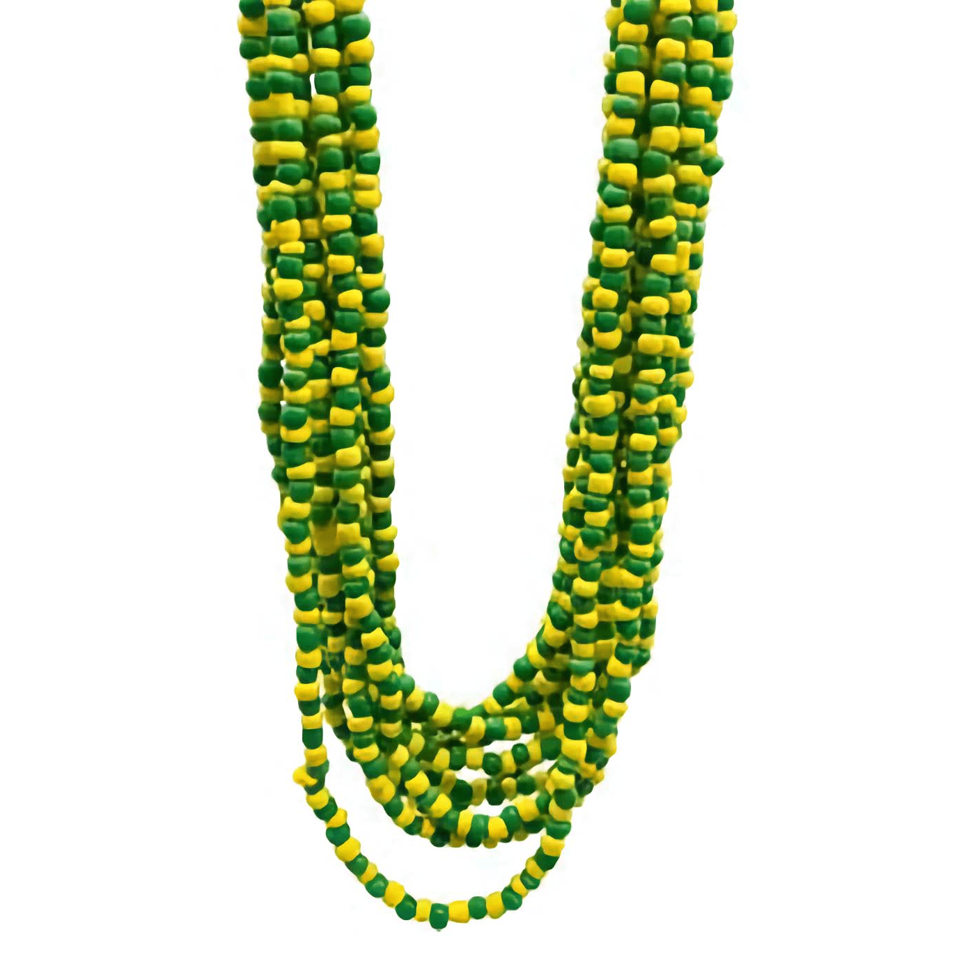 Orula Orisha Elekes necklaces, 12 beaded strands in green and yellow, 30 inches long, symbolizing connection and divination.