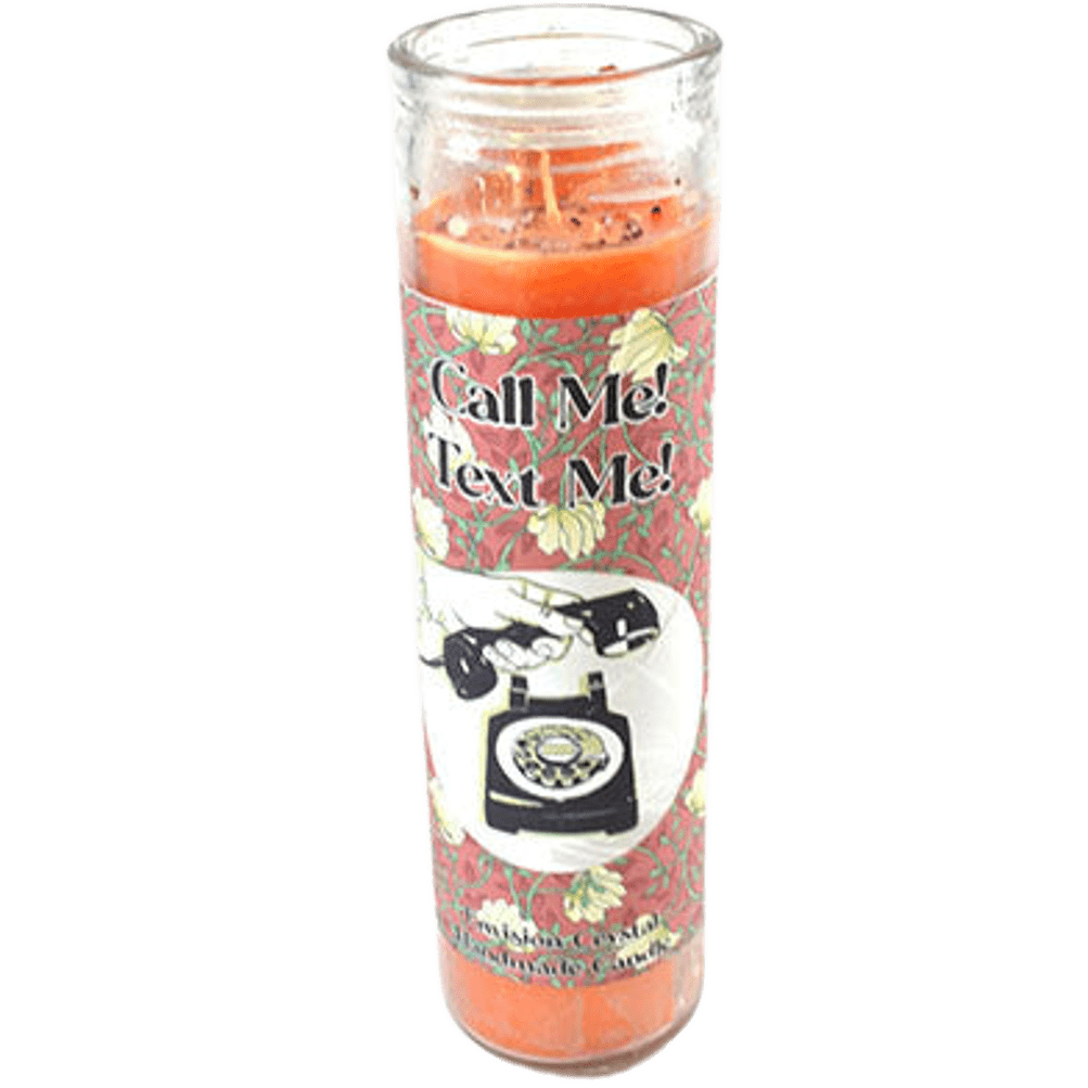 Glass jar candle with orange wax, labeled "Call Me! Text Me!" featuring a vintage phone illustration and floral background