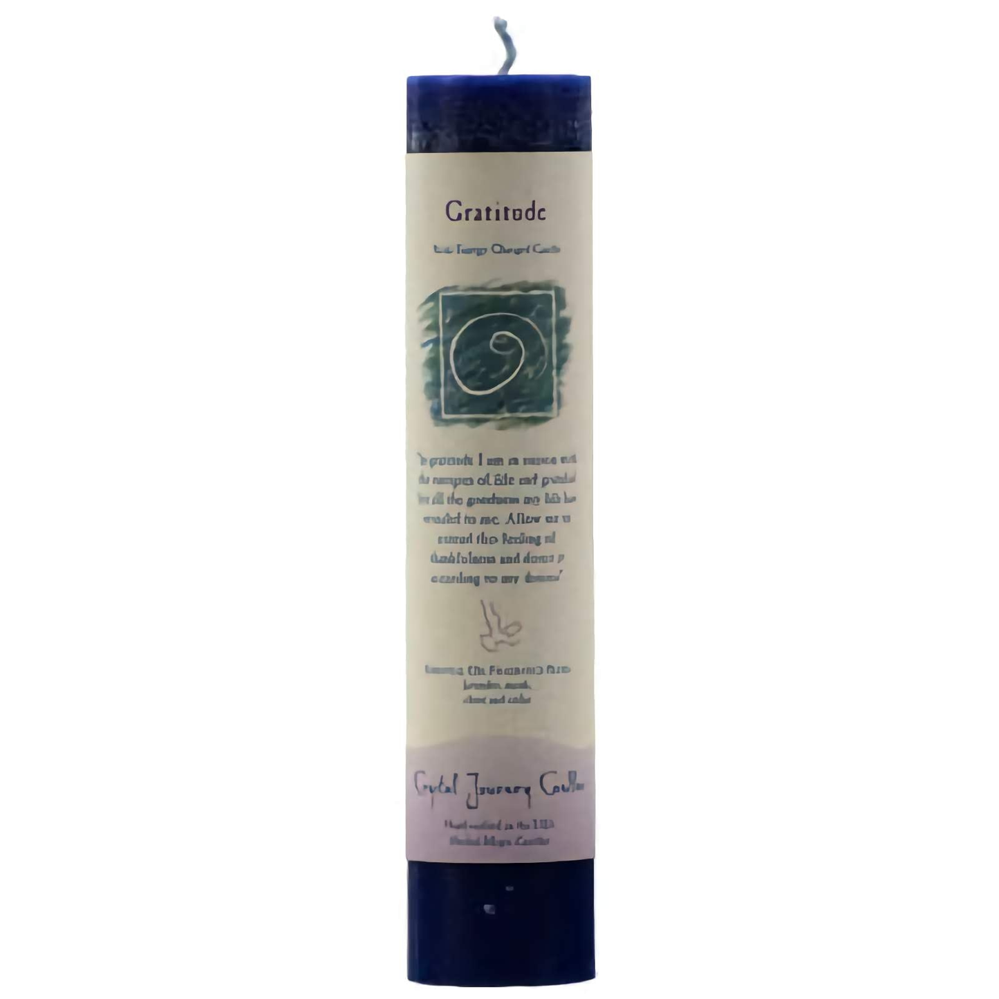 Gratitude Reiki Charged Pillar Candle with label, handcrafted spiritual tool for rituals.