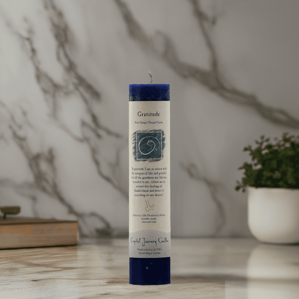 Gratitude Reiki Charged pillar candle, alternate view